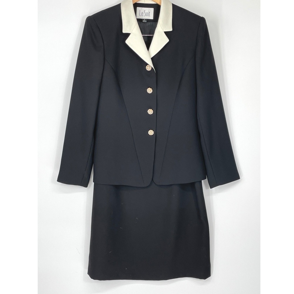 Le Suit Womens Skirt Suit 8 Set Black White Rhinestone Button Formal